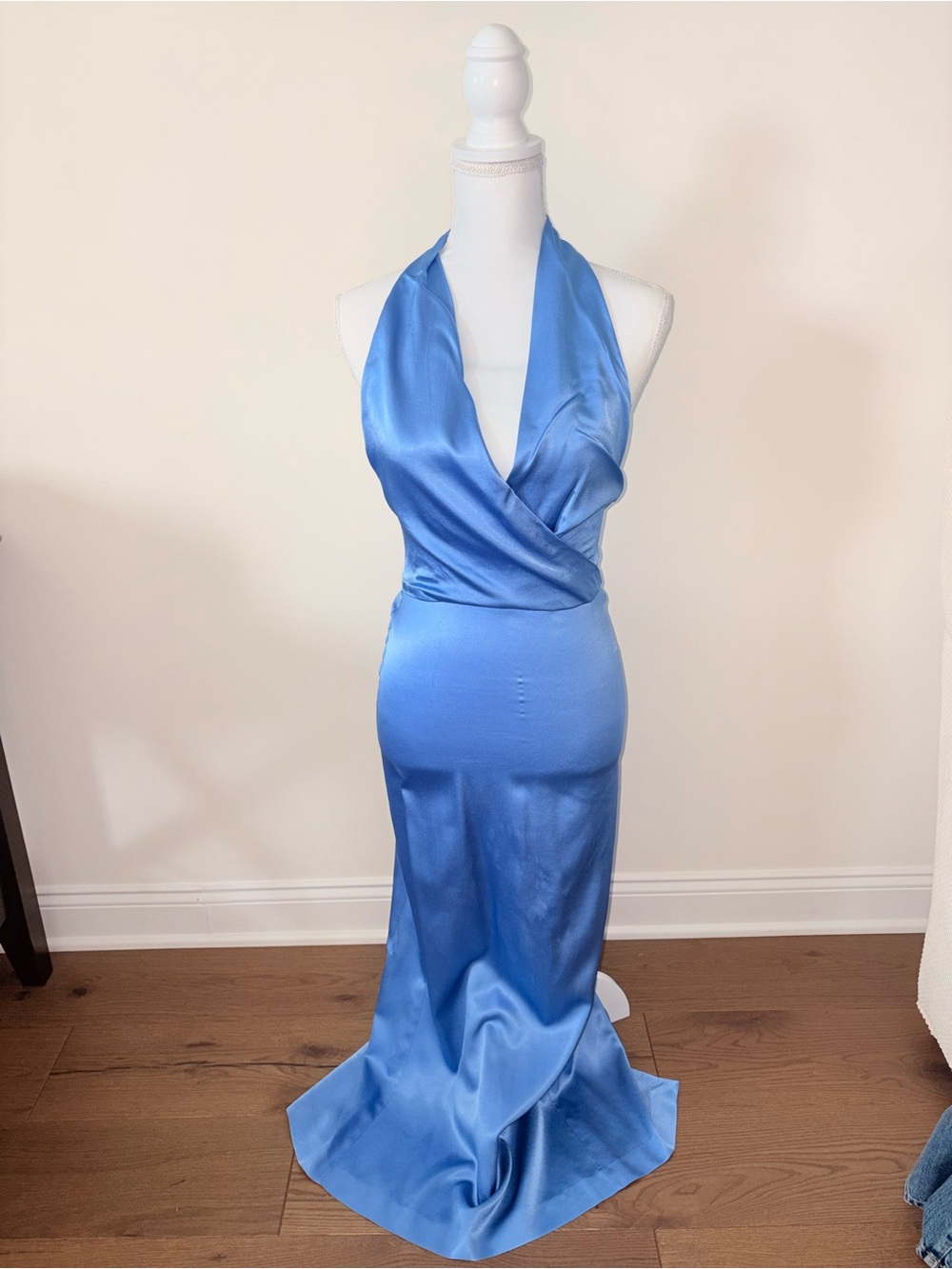 Zara Satin Halter Maxi Dress in Blue
